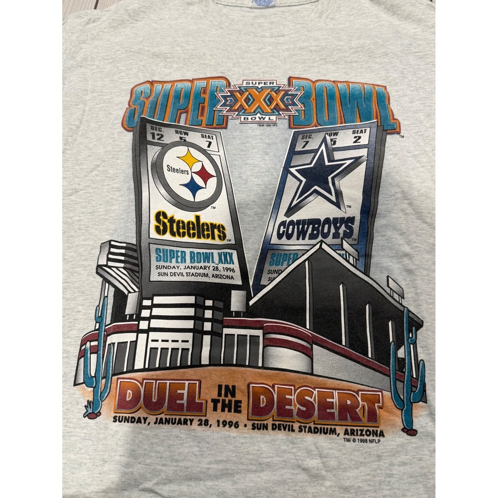 Vintage 1996 Super Bowl XXX Salem T-Shirt Mens Large Steelers Cowboys Gray USA